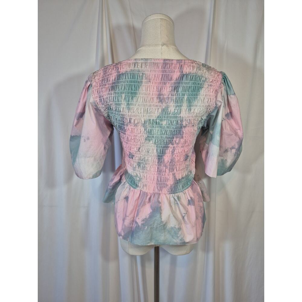 GANNI Pink Printed Cotton Puff Sleeve Smocked Top EU 38 US 6 - Picture 8 of 10